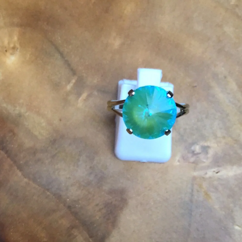 Aquamarine Aurora Borealis + Silver Rivoli Crystal Ring